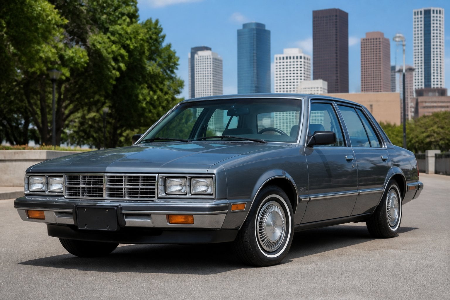 A Cadillac Cimarron sedan from the 1980s parked on a city street with buildings and trees in the background.
