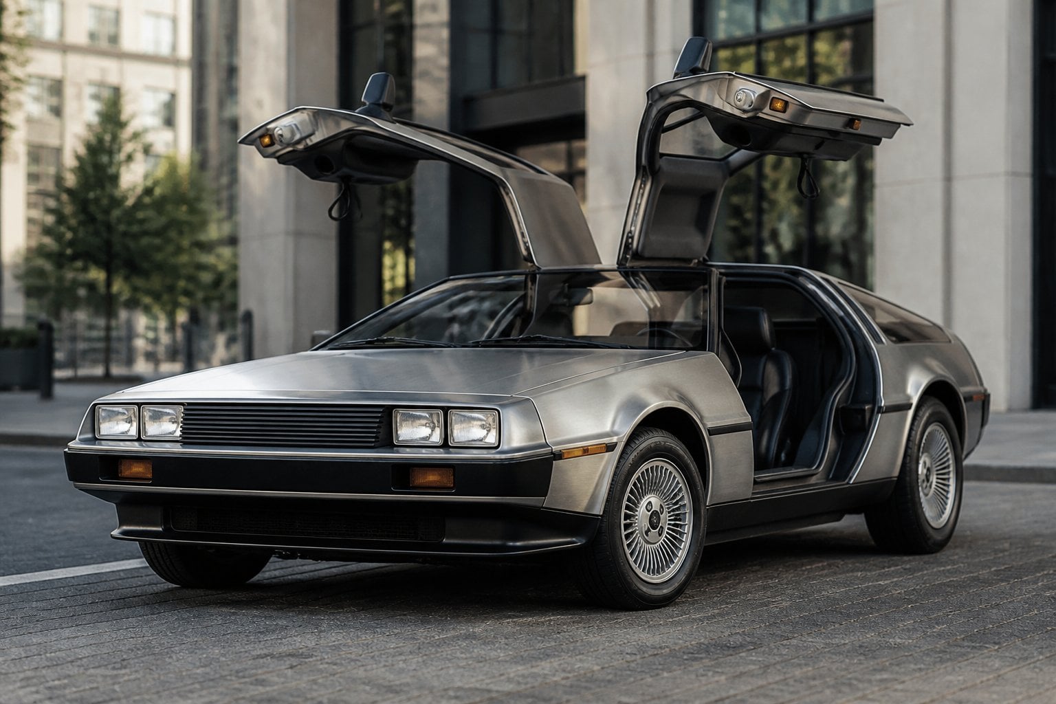 A classic DeLorean DMC-12 car with gull-wing doors open parked on a city street during the day.