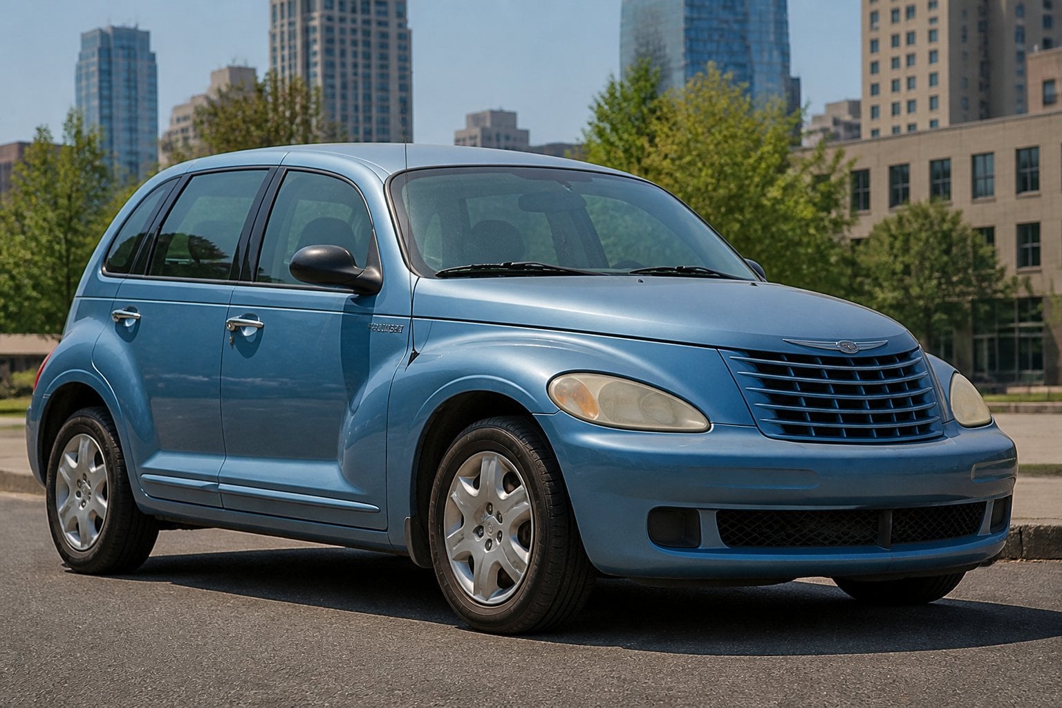 A Chrysler PT Cruiser parked on a city street with buildings and trees in the background.