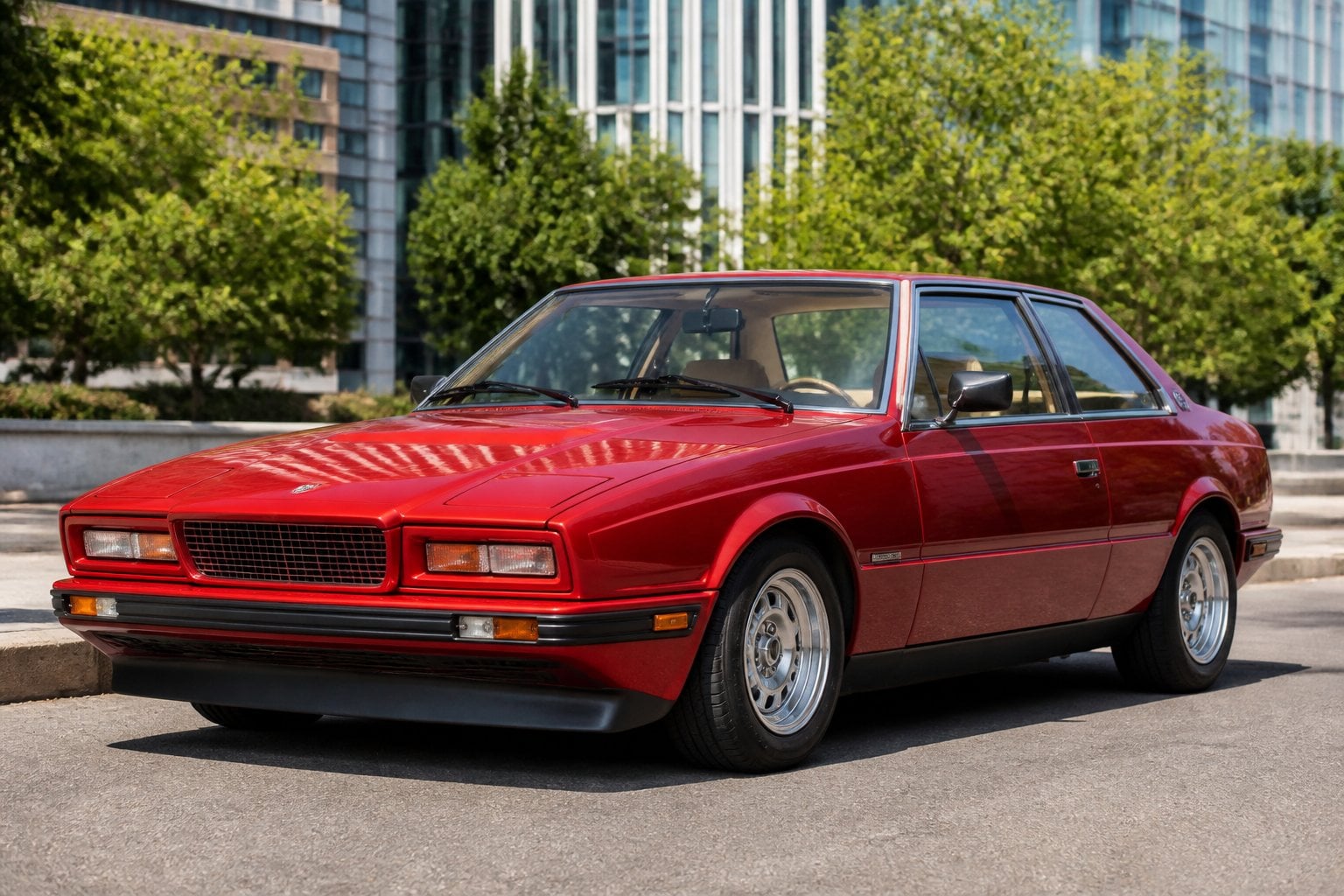 A red classic Maserati Biturbo sports car parked on a city street with buildings in the background.
