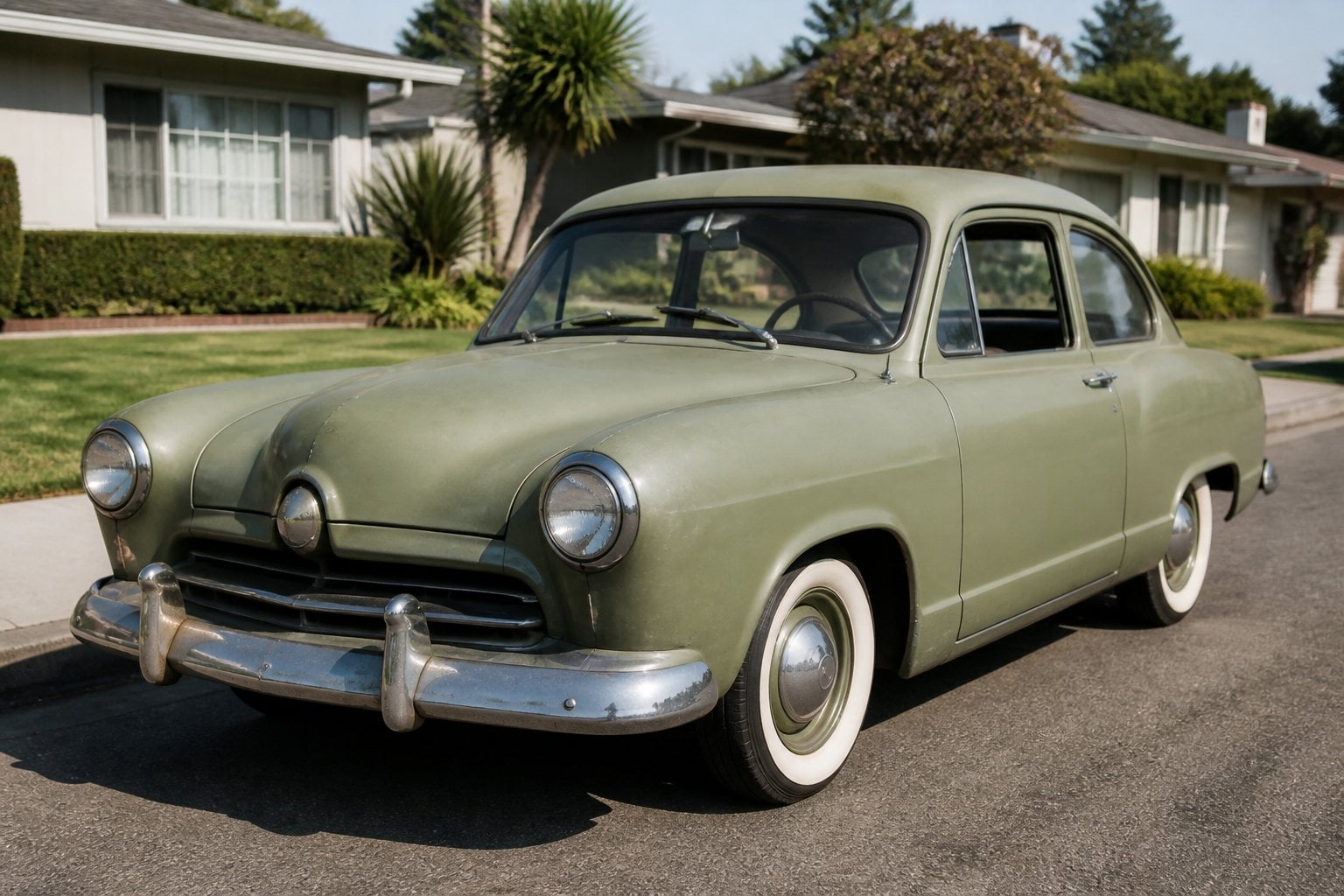 A vintage 1950s Kaiser-Frazer Henry J car parked on a suburban street with houses and lawns in the background.