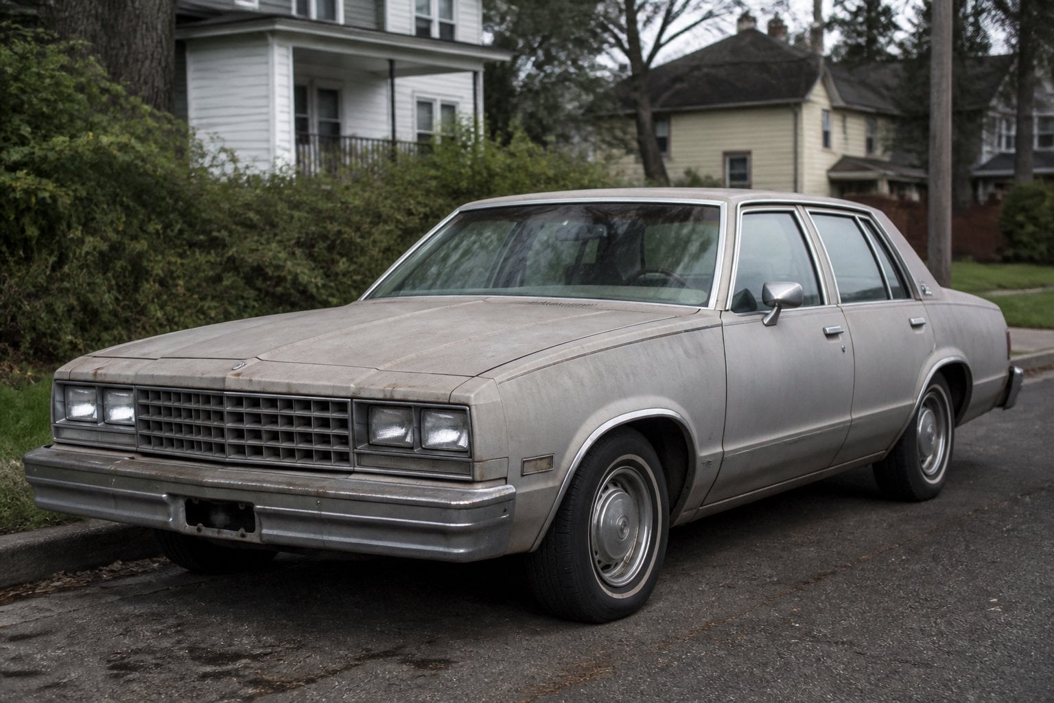 A worn 1978-1983 Chevrolet Chevelle Malibu parked on a suburban street with houses and trees in the background.