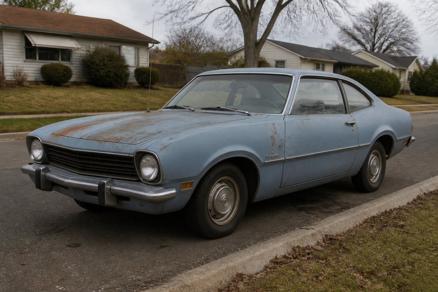A worn 1970s Ford Maverick economy car parked on a suburban street with modest houses and overcast sky.