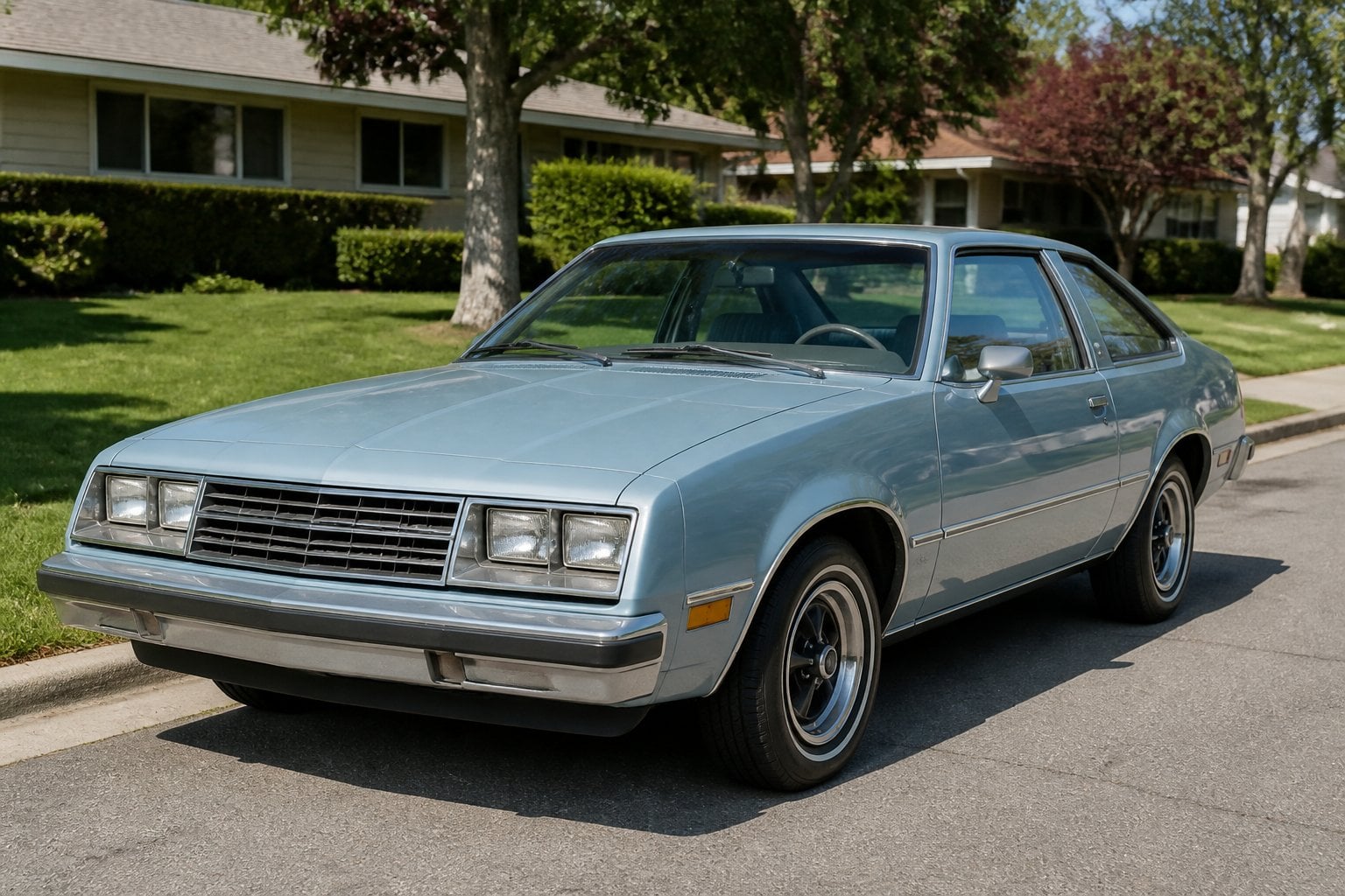 A vintage Buick Skyhawk car parked on a suburban street with trees and houses in the background.
