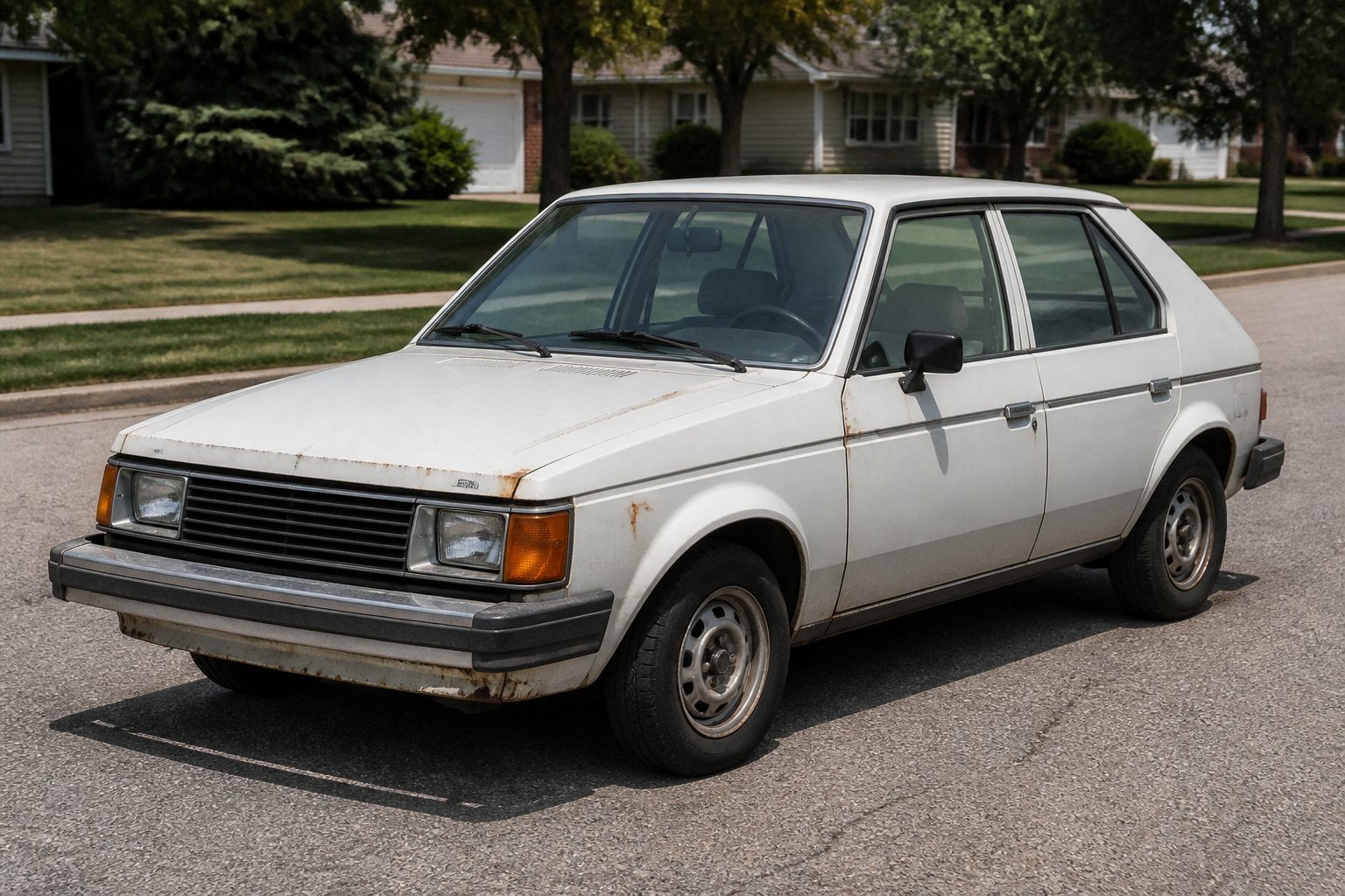 A vintage Dodge Omni or Plymouth Horizon car parked on a suburban street with houses and trees in the background.