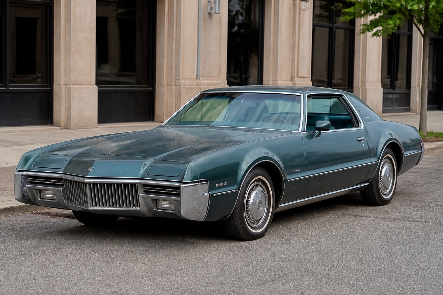 A vintage Oldsmobile Toronado car from the late 1970s parked on a street with an urban background.