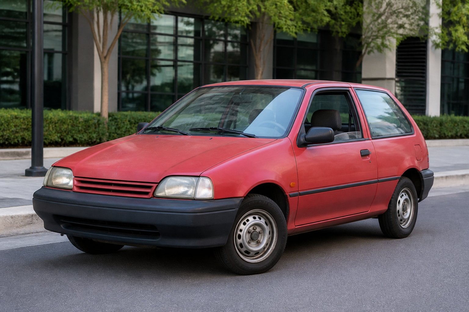 A small 1990s Geo Chevrolet Metro compact car parked on a city street with buildings and greenery in the background.