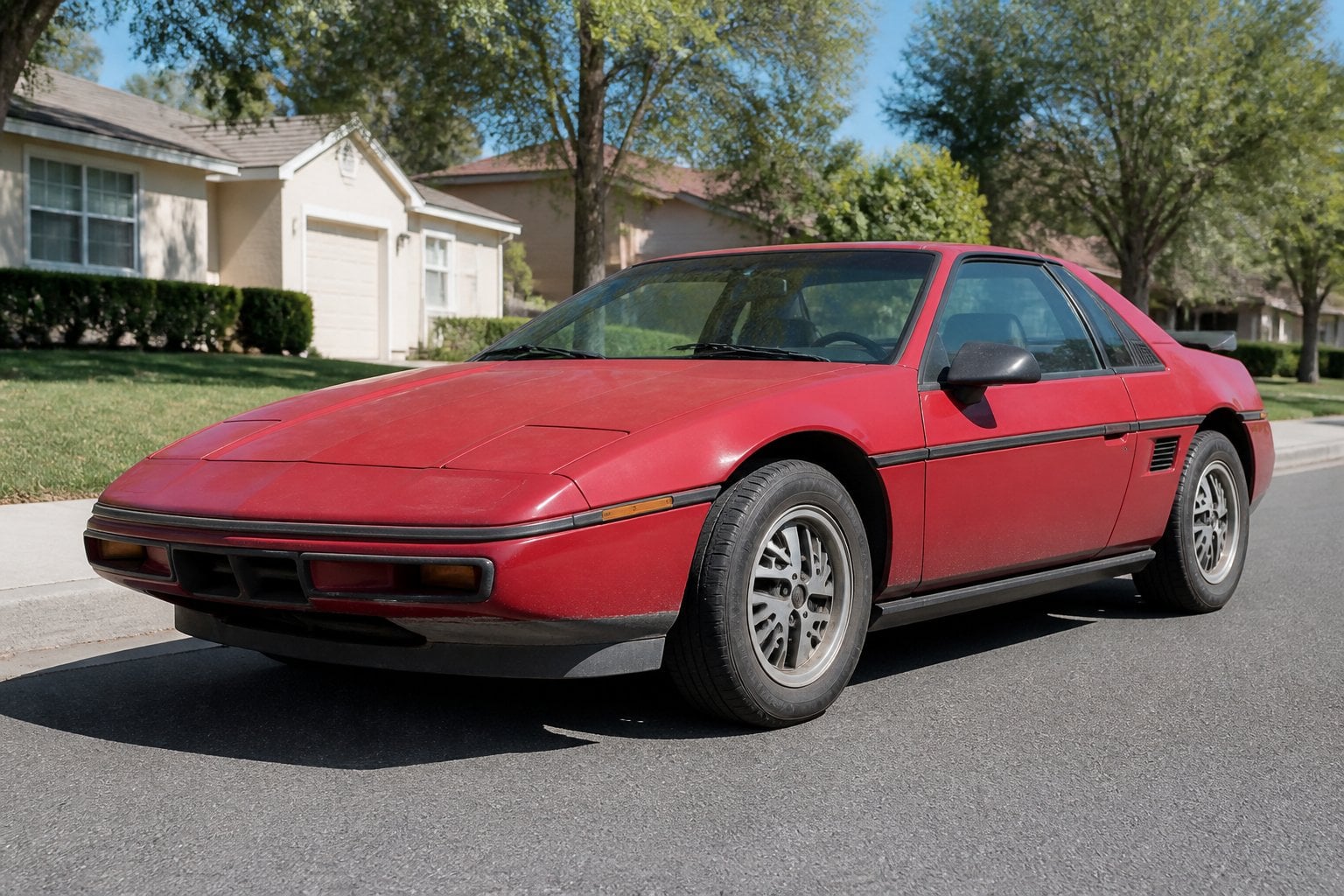 A classic 1980s Pontiac Fiero parked on a suburban street with houses and trees in the background.