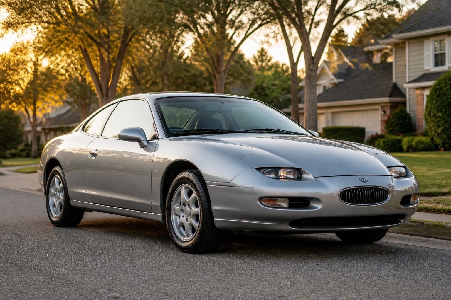 A 1999-2002 Mercury Cougar parked on a suburban street with houses and trees in the background.