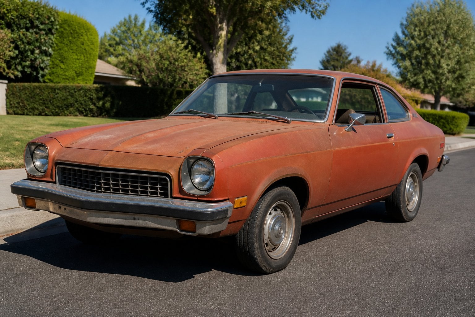 A vintage Chevrolet Vega car parked outdoors on a sunny day in a quiet suburban area.