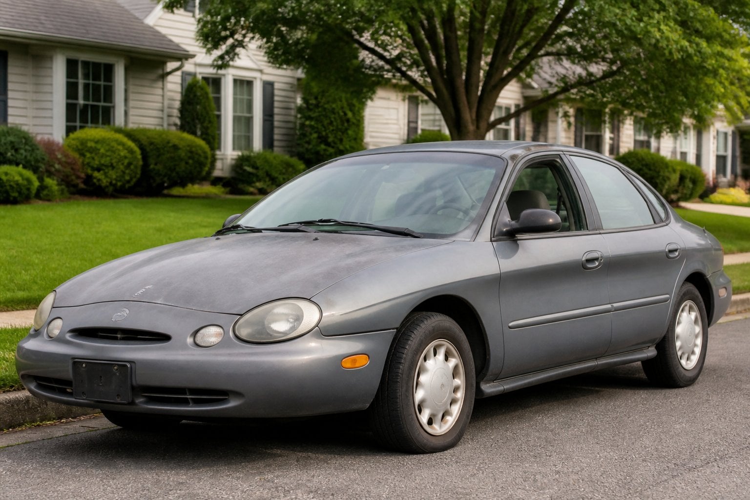 A mid-1990s Ford Taurus parked on a suburban street with houses and trees in the background.