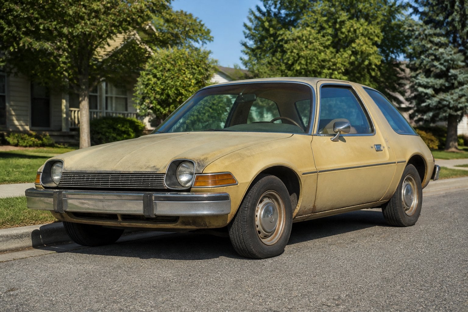 A vintage AMC Pacer car parked on a suburban street with trees and houses in the background.