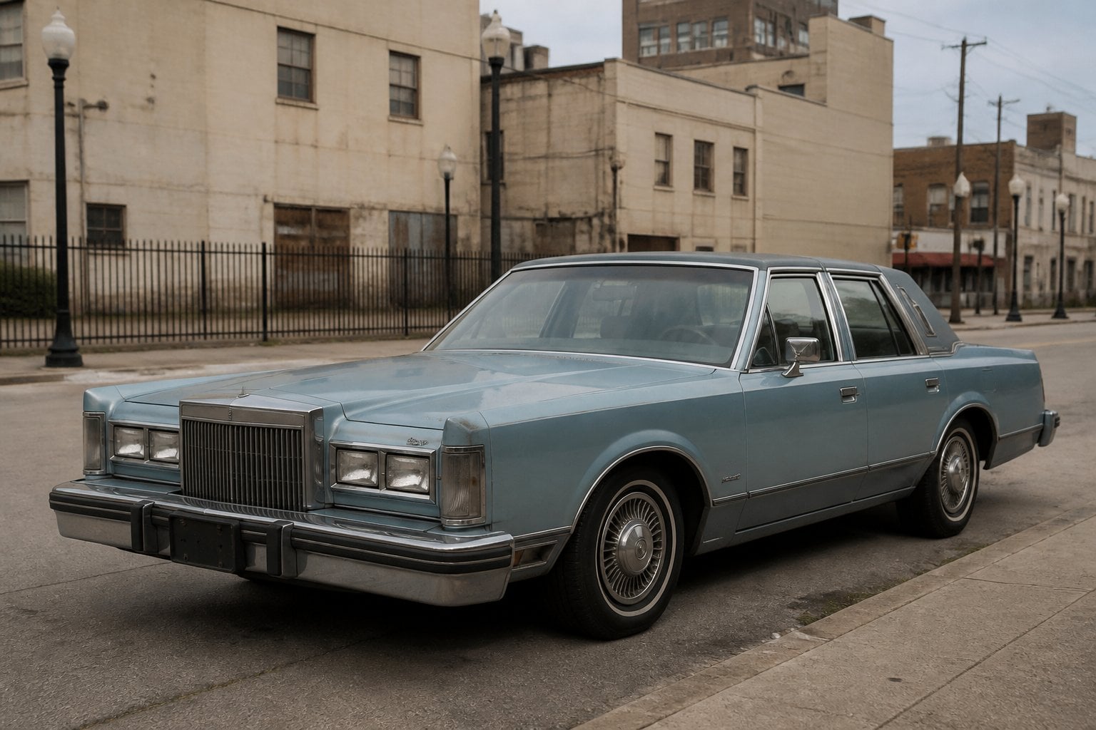 A large 1980s Lincoln Continental car parked on an empty urban street with buildings in the background.
