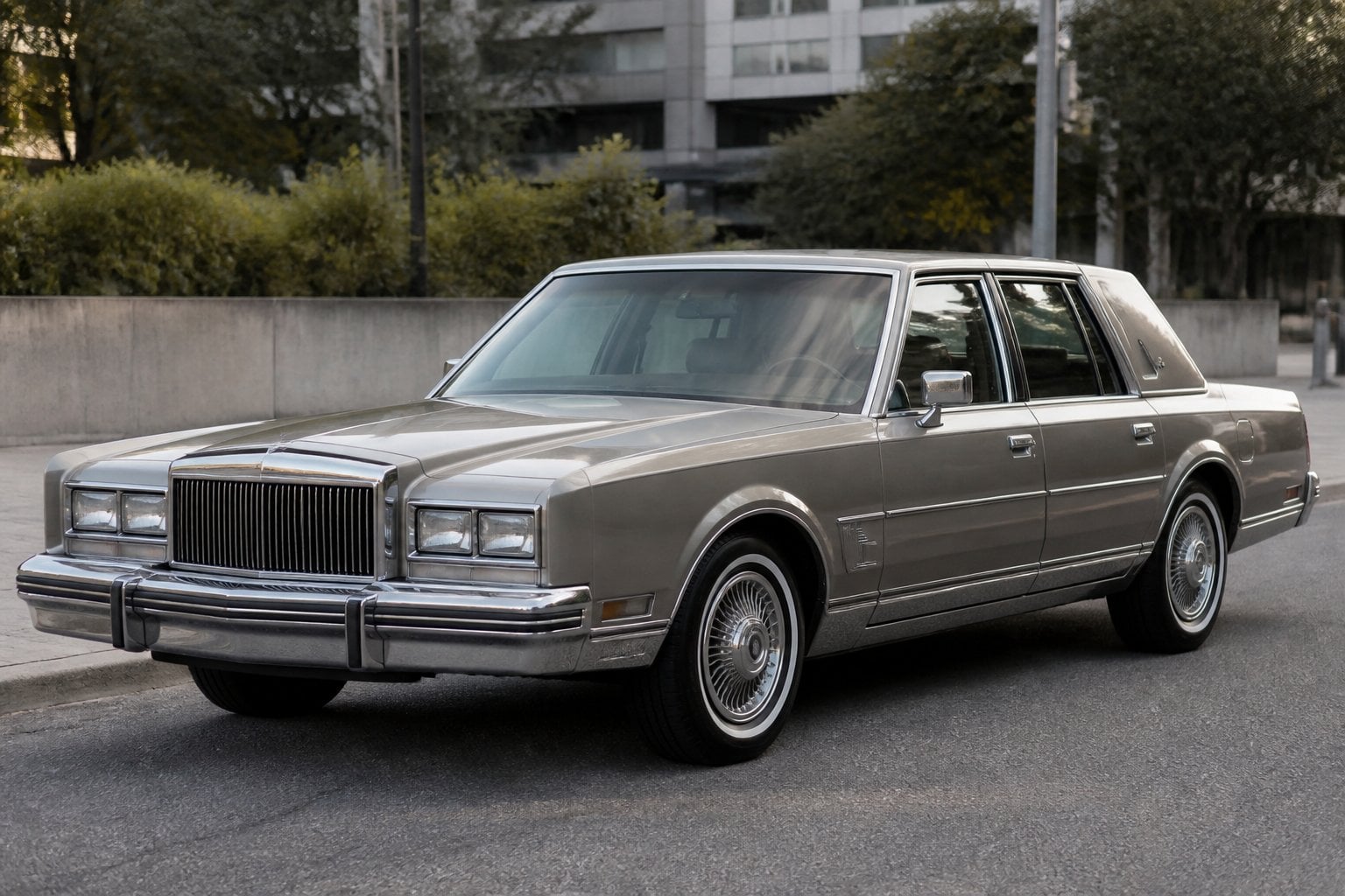 A 1981-1983 Chrysler Imperial luxury sedan parked on an empty urban street with buildings and trees in the background.