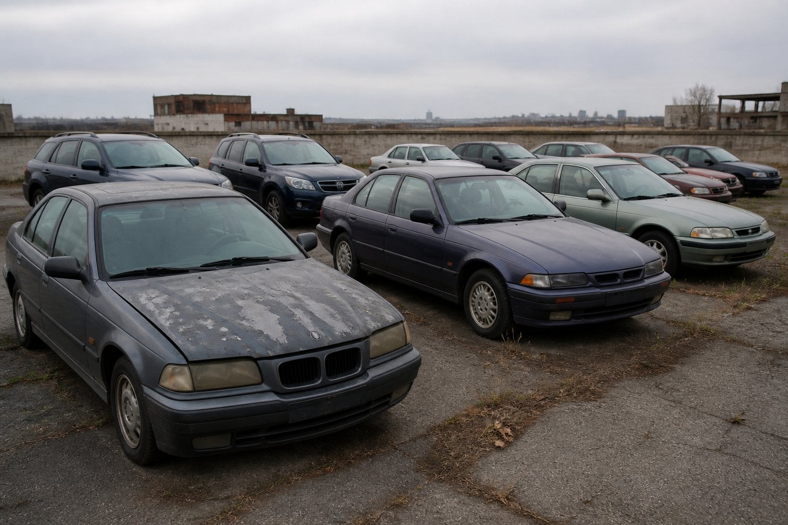 A lineup of worn, outdated luxury cars sits in a neglected outdoor storage yard.
