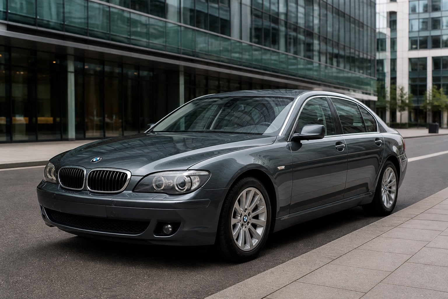 A dark gray BMW 7 Series sedan parked on a modern city boulevard.