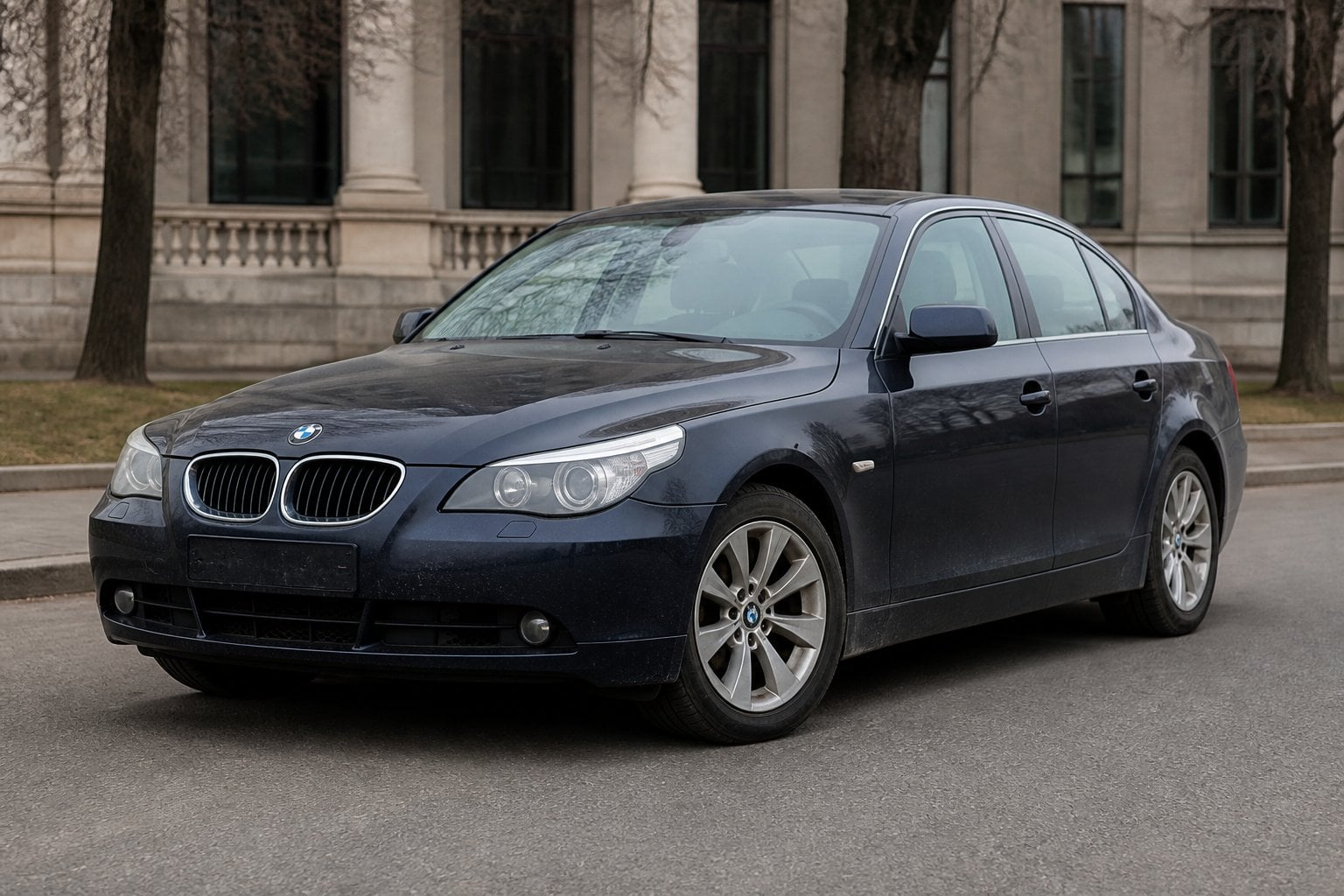 A BMW 5 Series E60 sedan parked on a quiet urban road.