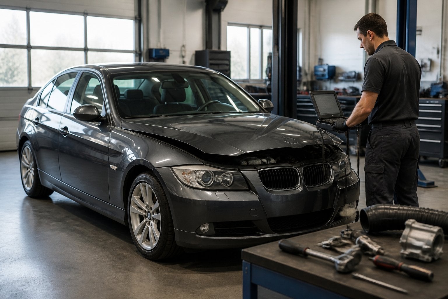 A dark gray BMW 3 Series sedan is being inspected by a mechanic in an automotive repair workshop.