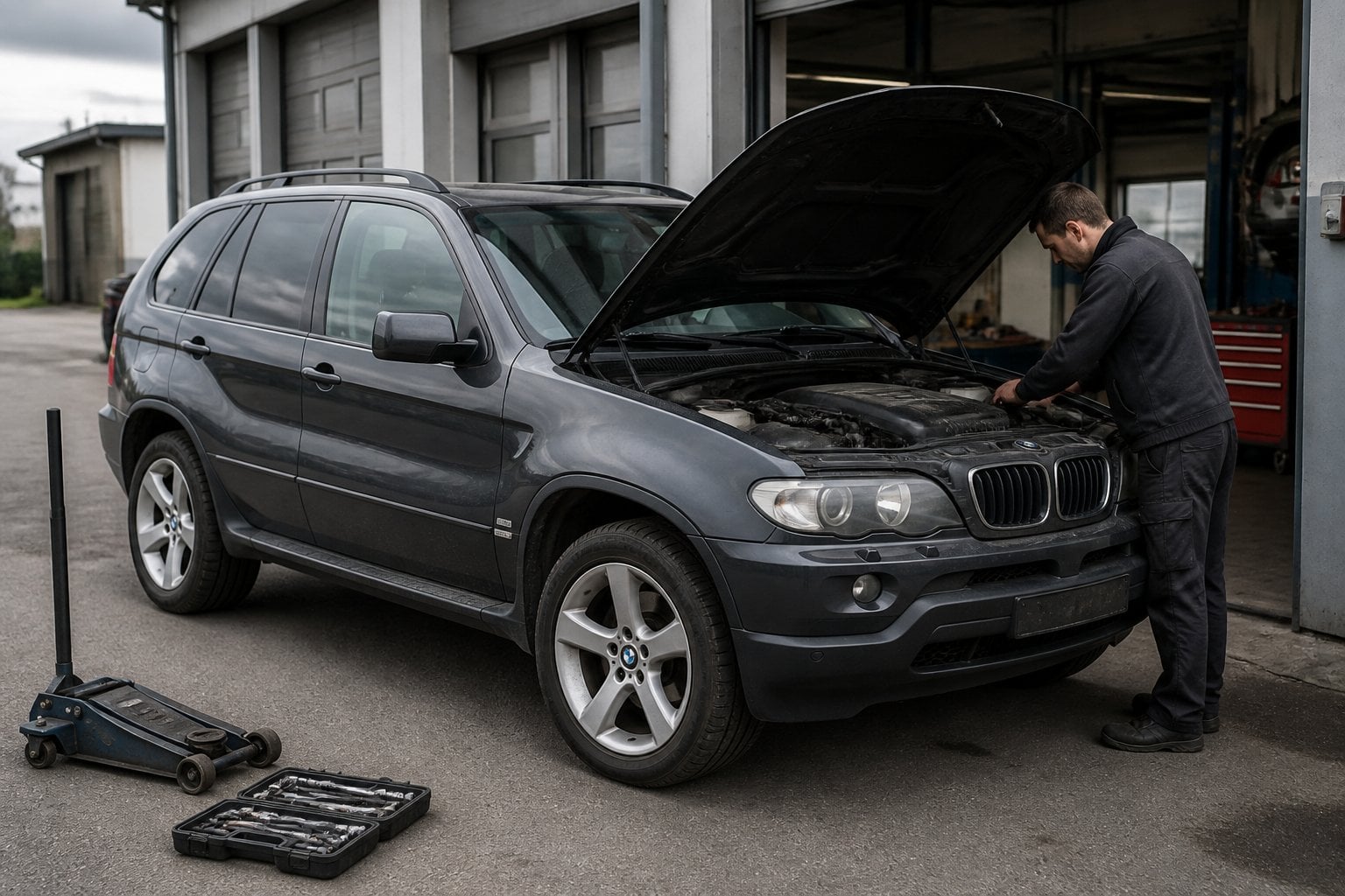 A dark gray early-2000s BMW X5 SUV is inspected by a mechanic outside an auto repair workshop.