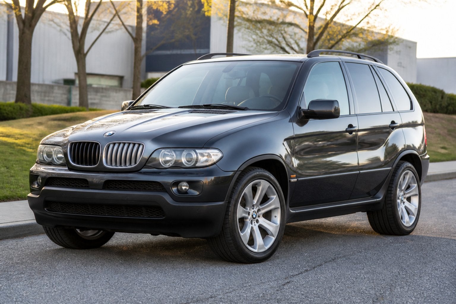 A dark BMW X5 SUV parked on a roadside near an industrial area.