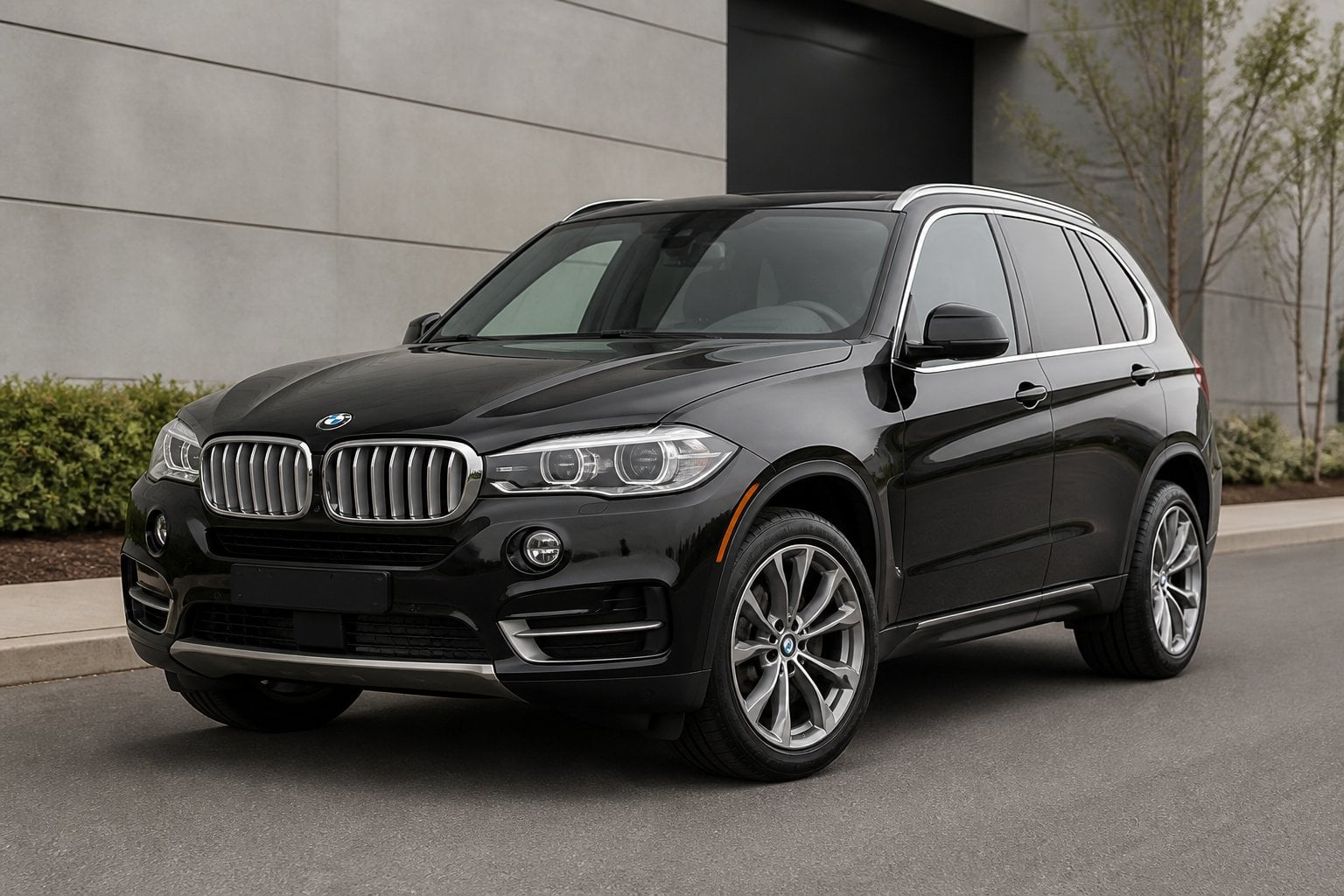 A BMW X5 SUV parked on a clean modern road beside a contemporary building.