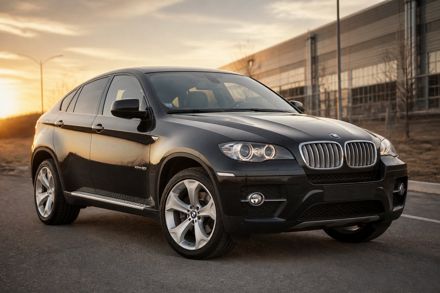 A dark gray BMW X6 SUV parked on a paved road near an industrial landscape.