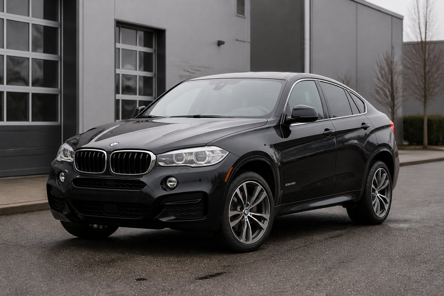 A dark BMW X6 SUV parked on a quiet urban road beside a modern service facility.