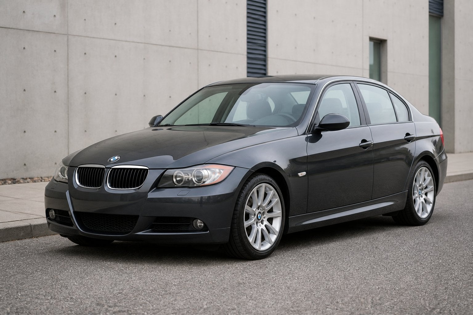 A dark gray BMW 3 Series E90 sedan parked beside a modern building.