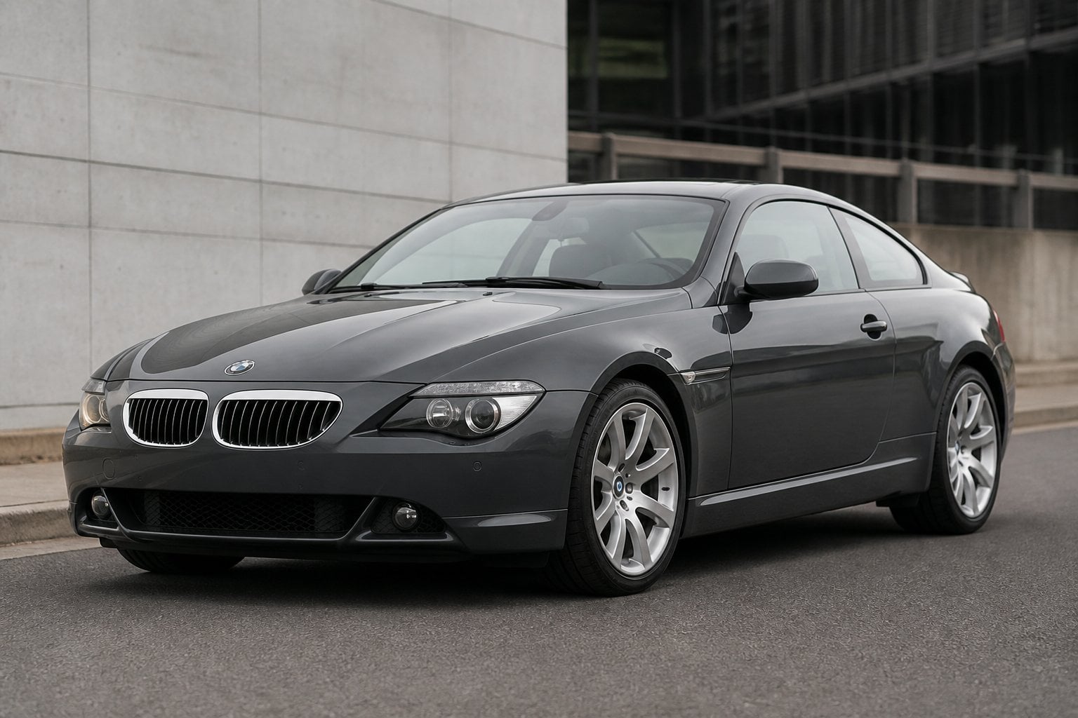 A silver BMW 6 Series E63 coupe parked on a modern urban road.