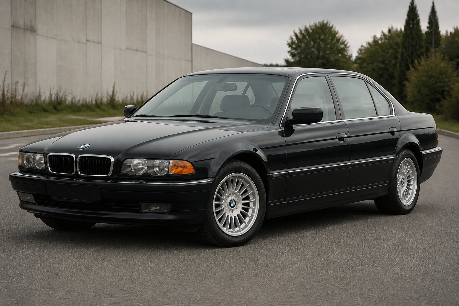 A dark BMW 7 Series E38 sedan parked on a quiet paved road.