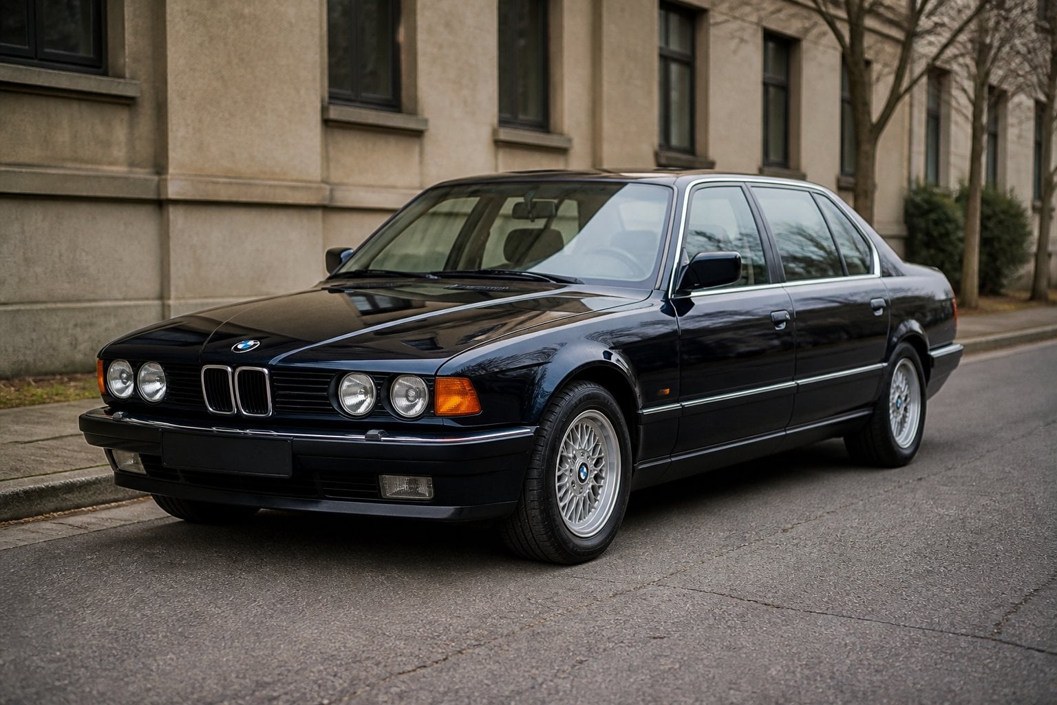 A classic black BMW 7 Series sedan parked on a quiet urban street.