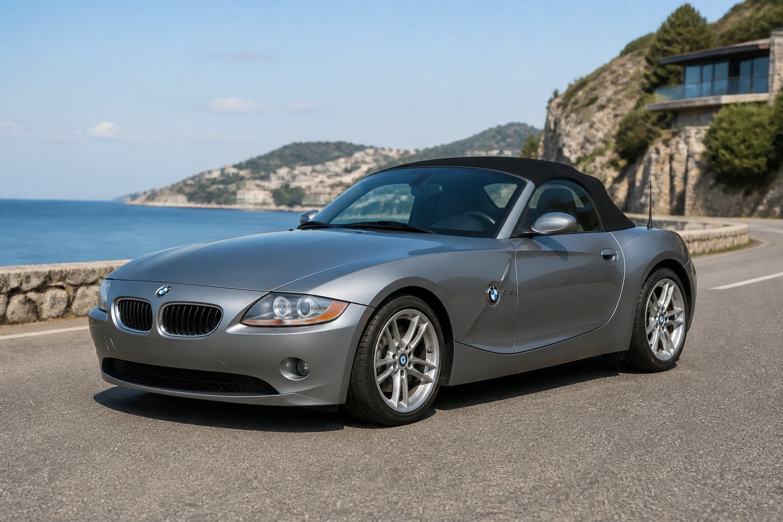 A silver BMW Z4 roadster parked on a winding coastal road.