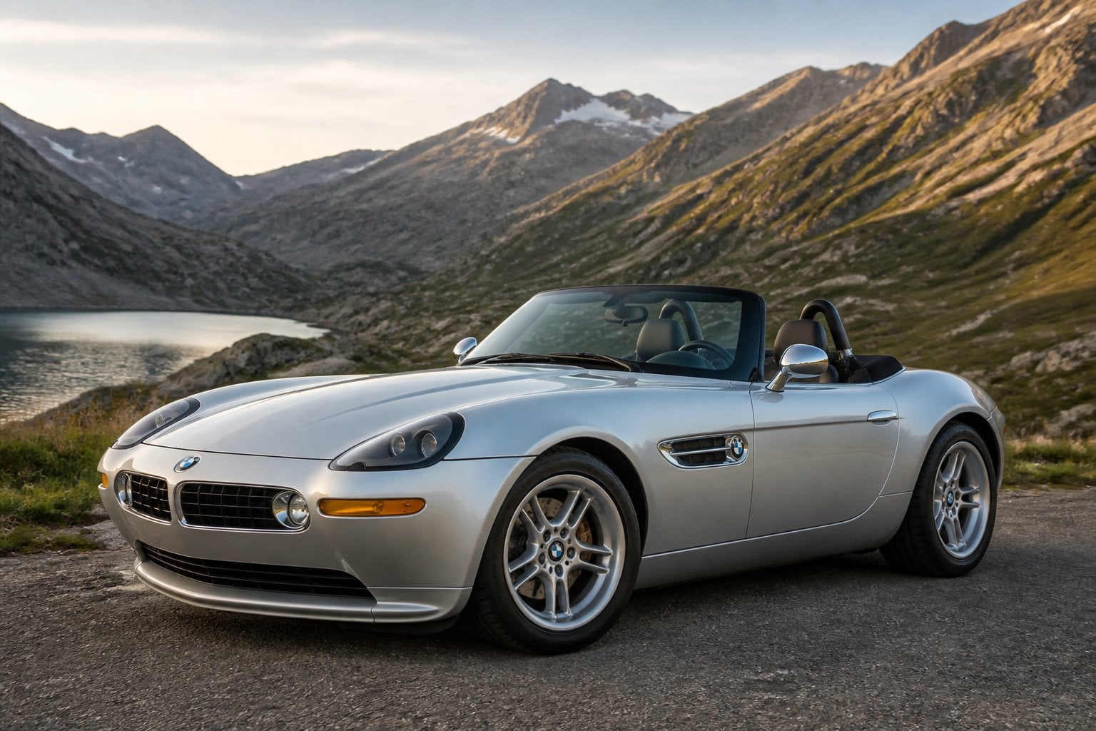 A silver BMW Z8 roadster parked on a scenic mountain road.
