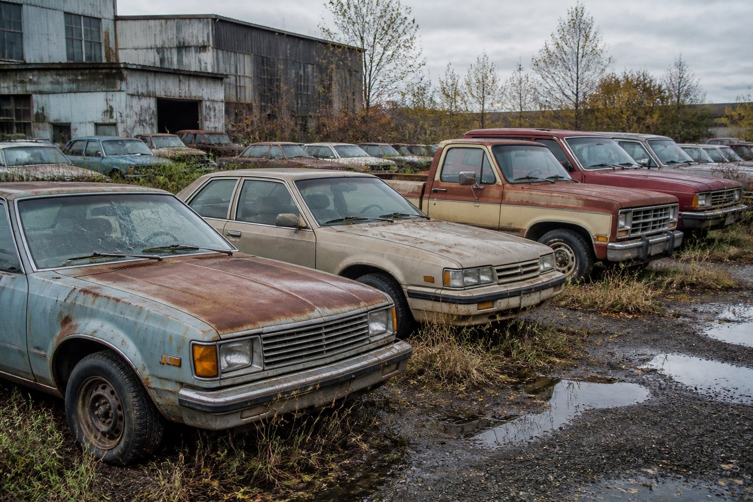 A row of rusty, abandoned Chevrolet vehicles sits among weeds in an overgrown salvage yard.