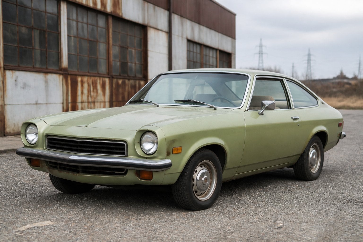An aging 1970s Chevrolet Vega parked outside a weathered industrial building.