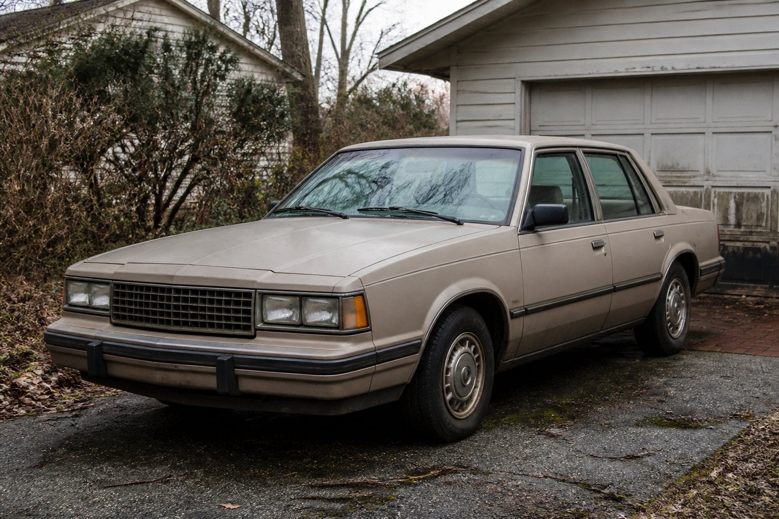 An aging Chevrolet Celebrity sedan parked in a neglected suburban driveway.