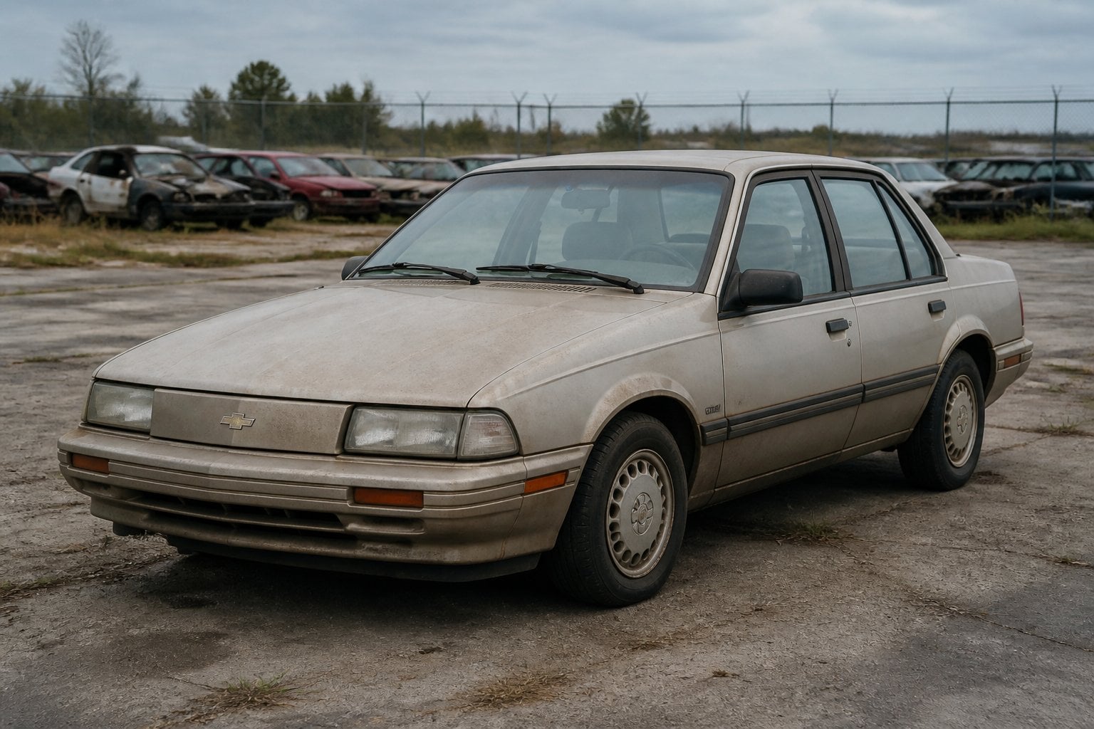 An older Chevrolet Cavalier sedan sits in a weathered salvage yard.