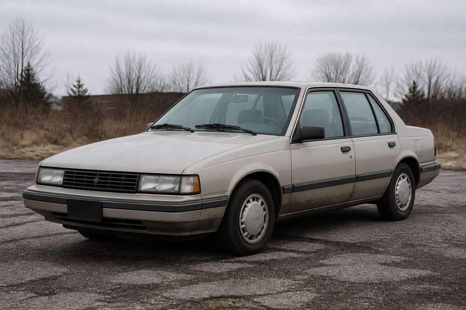 An older boxy Chevrolet Corsica sedan parked on a neglected roadside under an overcast sky.