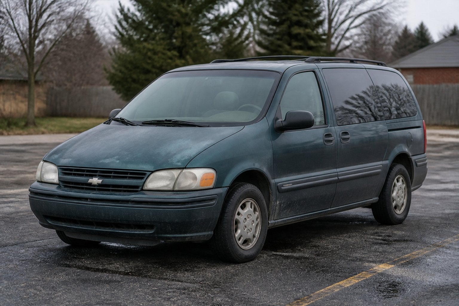 An aging Chevrolet Venture minivan parked in a suburban lot on an overcast day.
