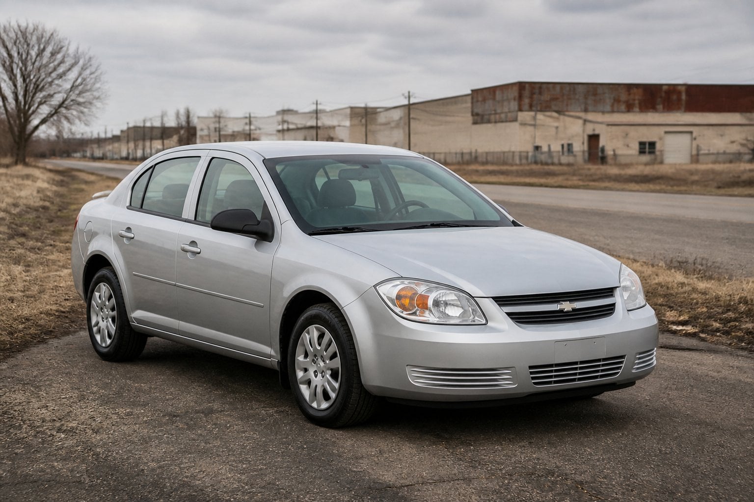 A silver Chevrolet Cobalt sedan parked on a quiet roadside near older industrial buildings.