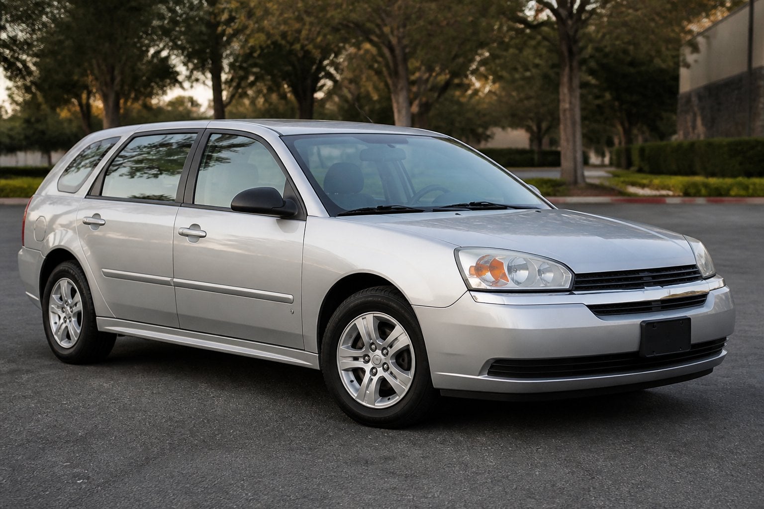 A silver Chevrolet Malibu Maxx parked on a quiet roadside.