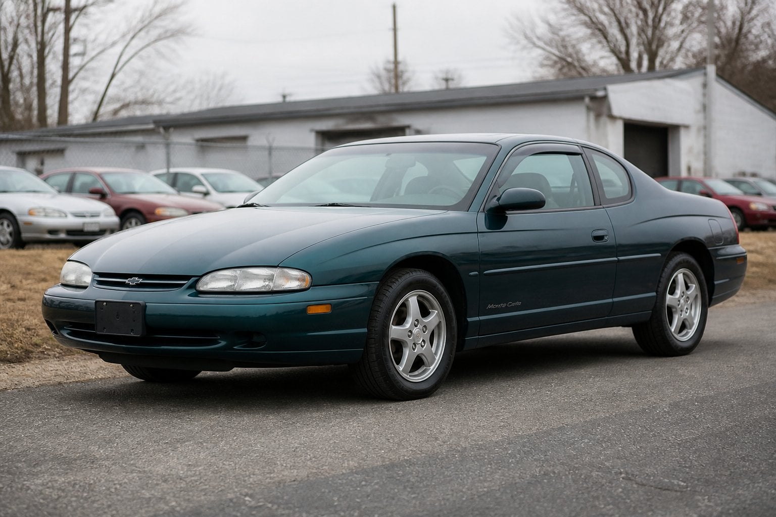 A late-1990s Chevrolet Monte Carlo parked beside a quiet suburban roadside.