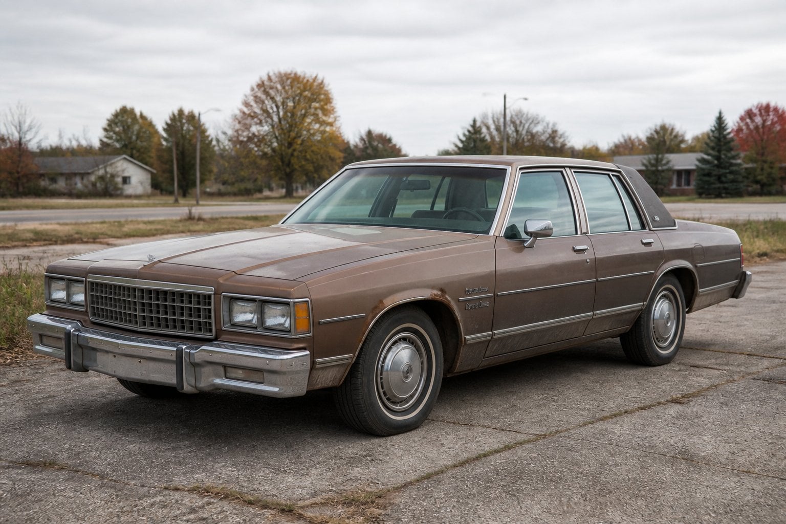 A weathered Chevrolet Caprice Classic sedan parked beside a quiet roadside.