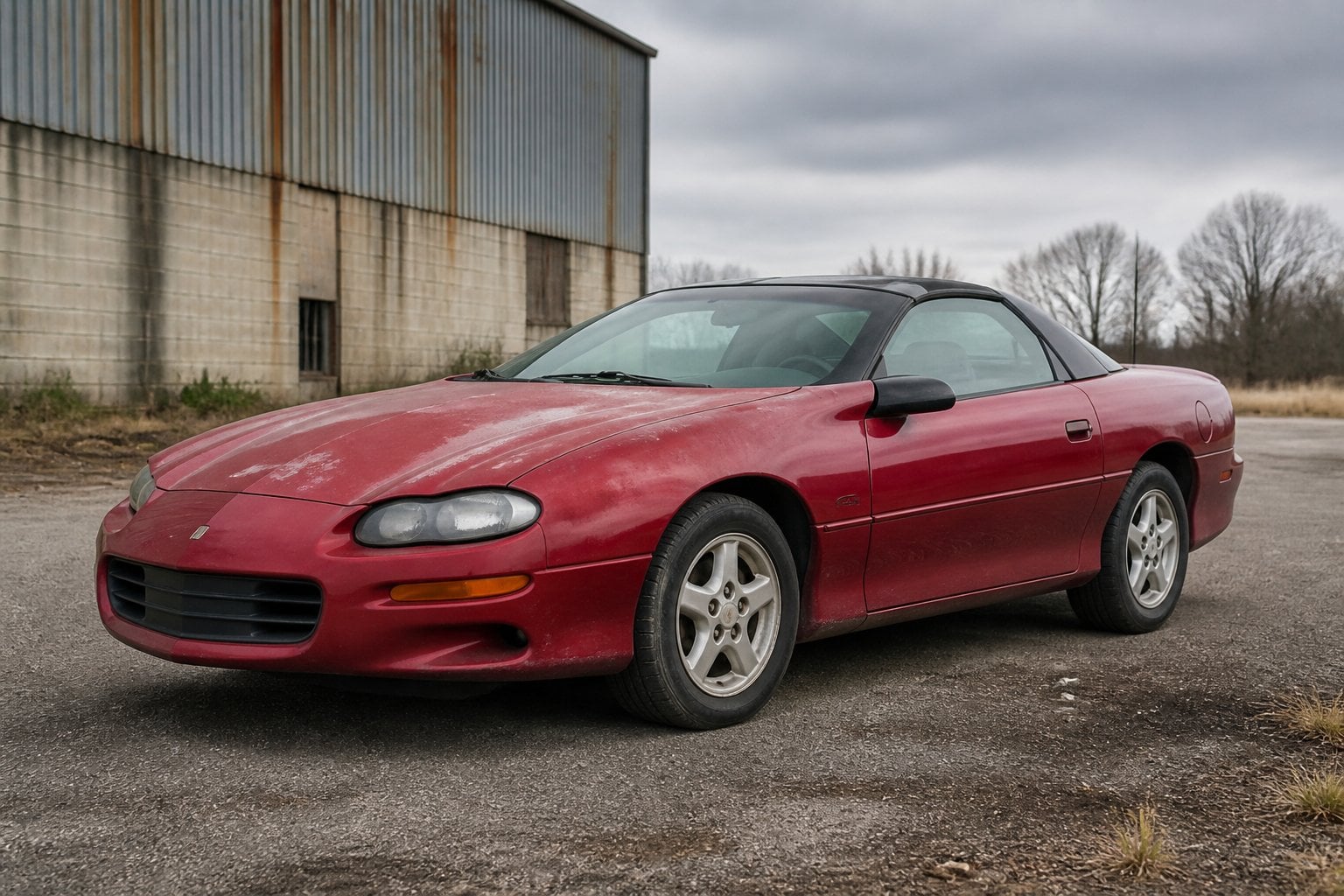 A weathered late-1990s Chevrolet Camaro parked beside a neglected industrial building.