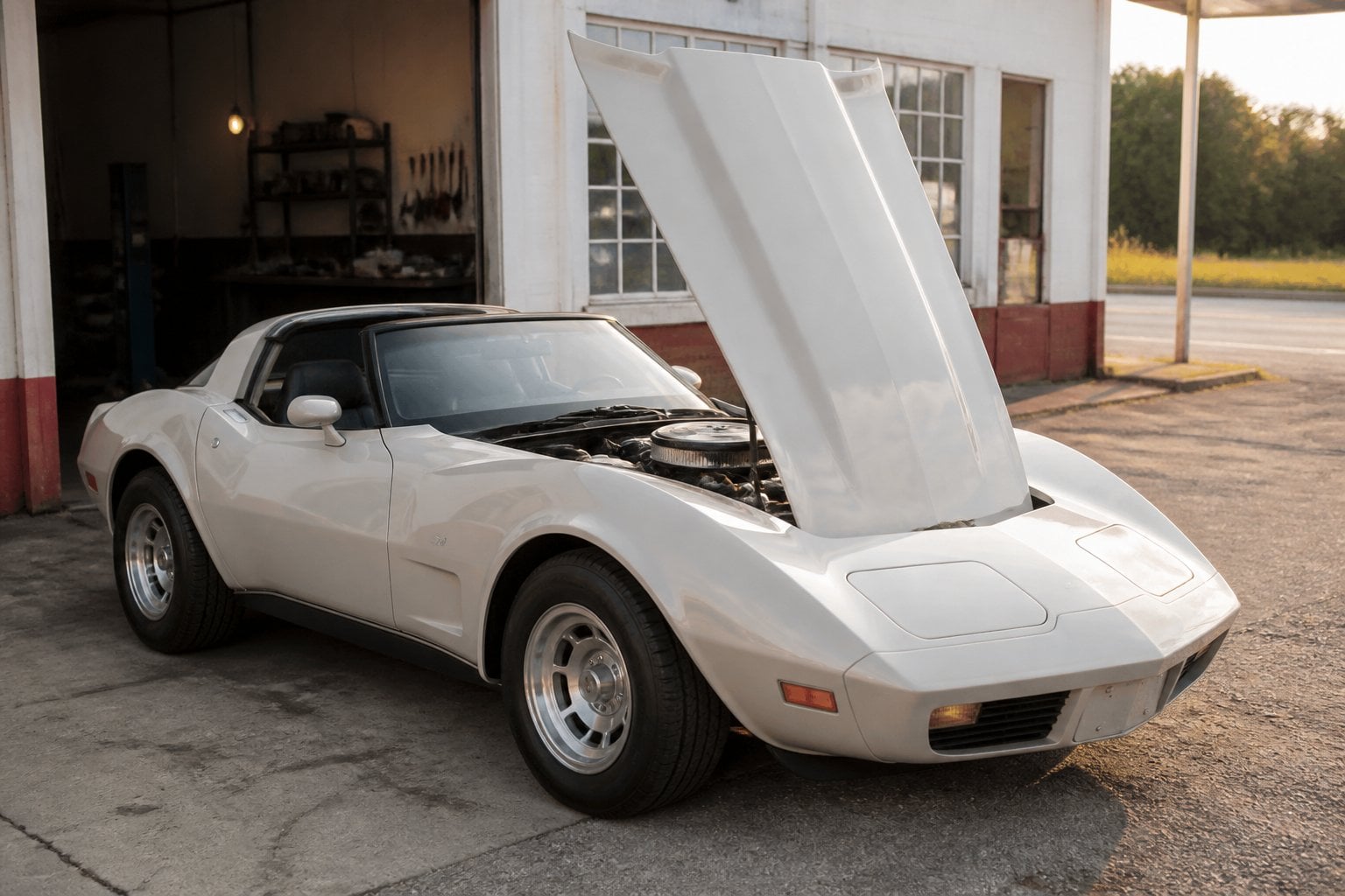 A vintage Chevrolet Corvette with its hood raised outside an old service garage.
