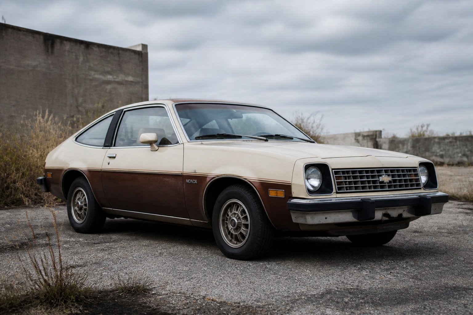 An aged cream-colored Chevrolet Monza parked beside a weathered industrial roadside.