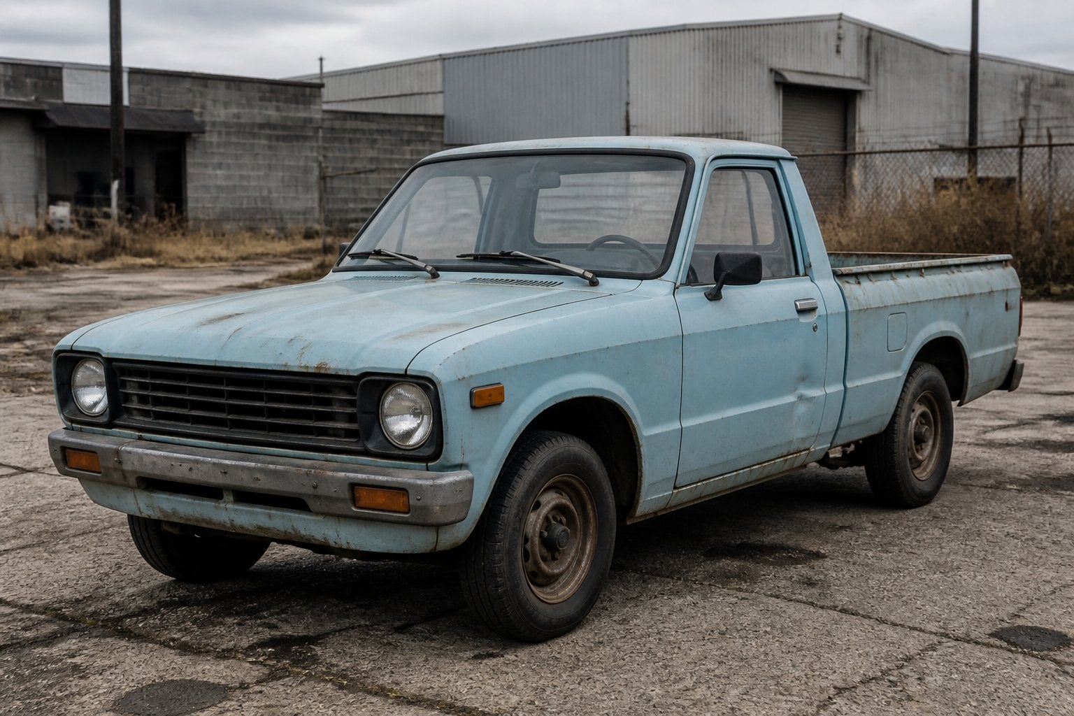 A weathered vintage Chevrolet LUV pickup truck parked in a neglected industrial lot.