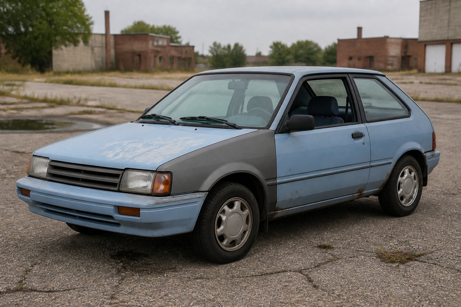 A worn pale blue Chevrolet Spectrum hatchback parked in an aging suburban lot.
