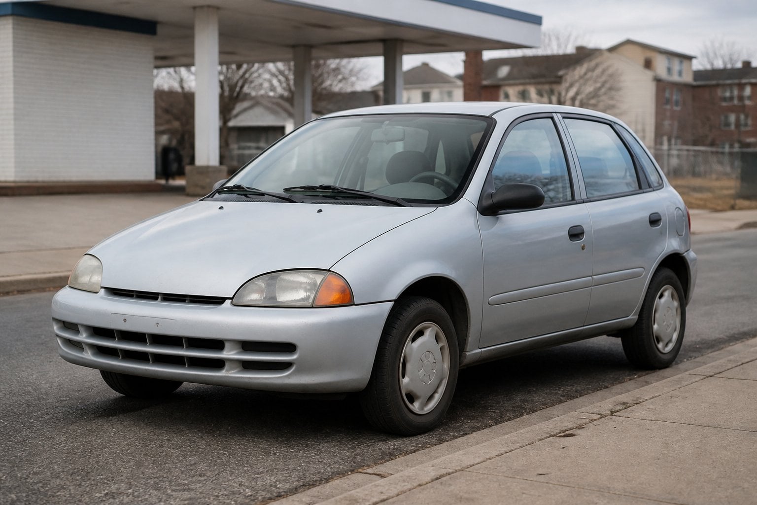 A small older compact hatchback parked beside a quiet suburban roadside.