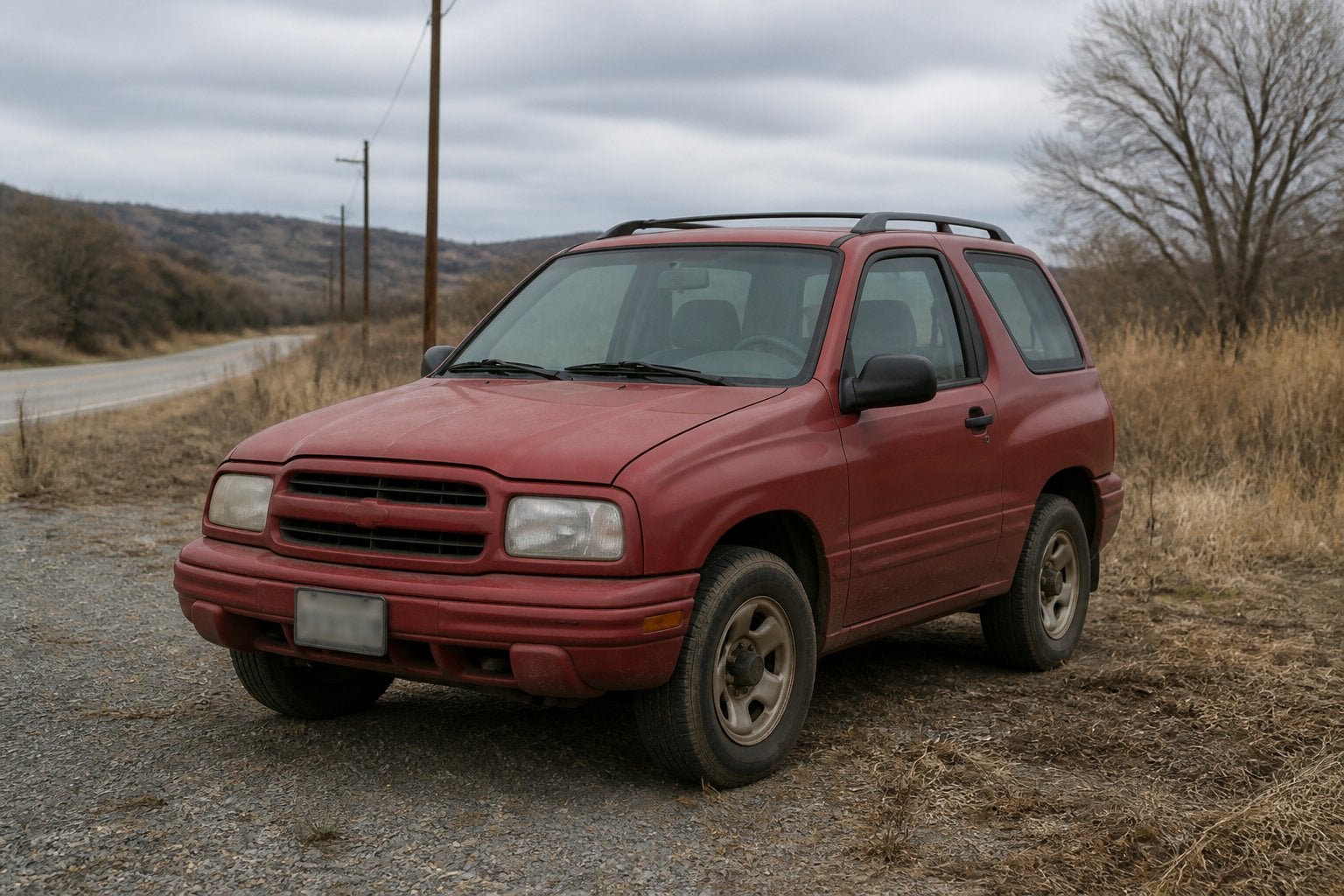 An aging compact SUV parked beside an overgrown rural roadside.